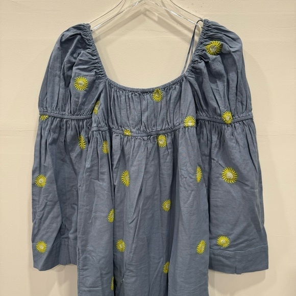 Free People Emory Embroidered Sun Chambray Midi Dress Cotton Linen Puff Sleeve - Picture 12 of 12